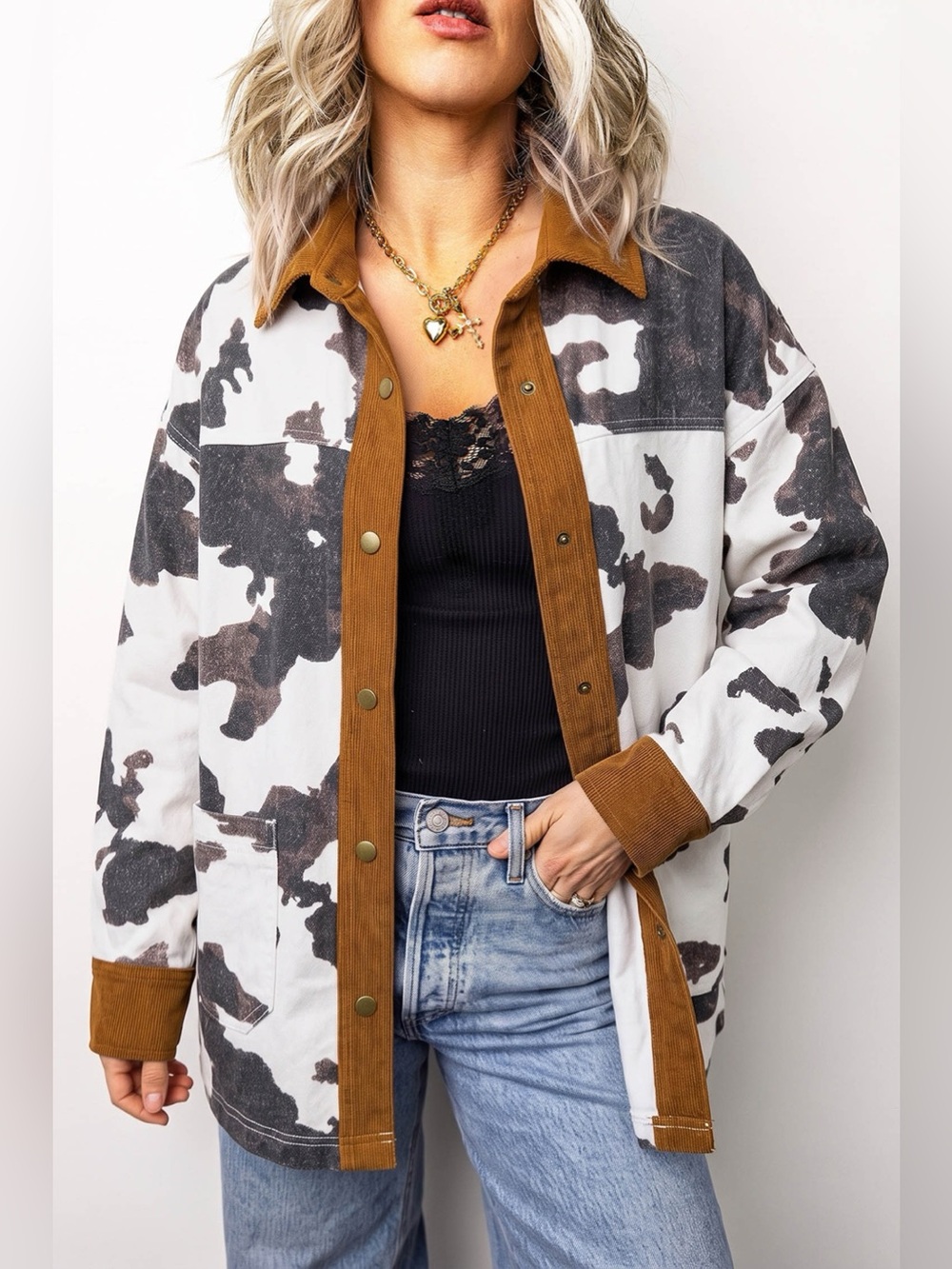 Multicolour Western Cow Print Long Sleeve Button-Up Denim Jacket